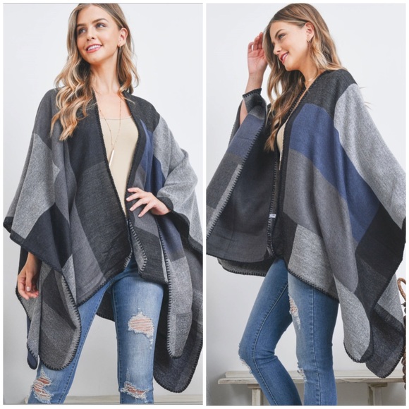 Sweaters | Open Front Geometric Rectangel Print Ruana Wrap Kimonogray ...